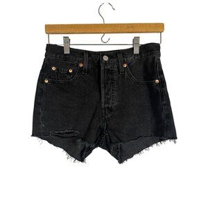 Levi Denim Jean Shorts 25" Black Frayed Distressed Festival Concert Western 501
